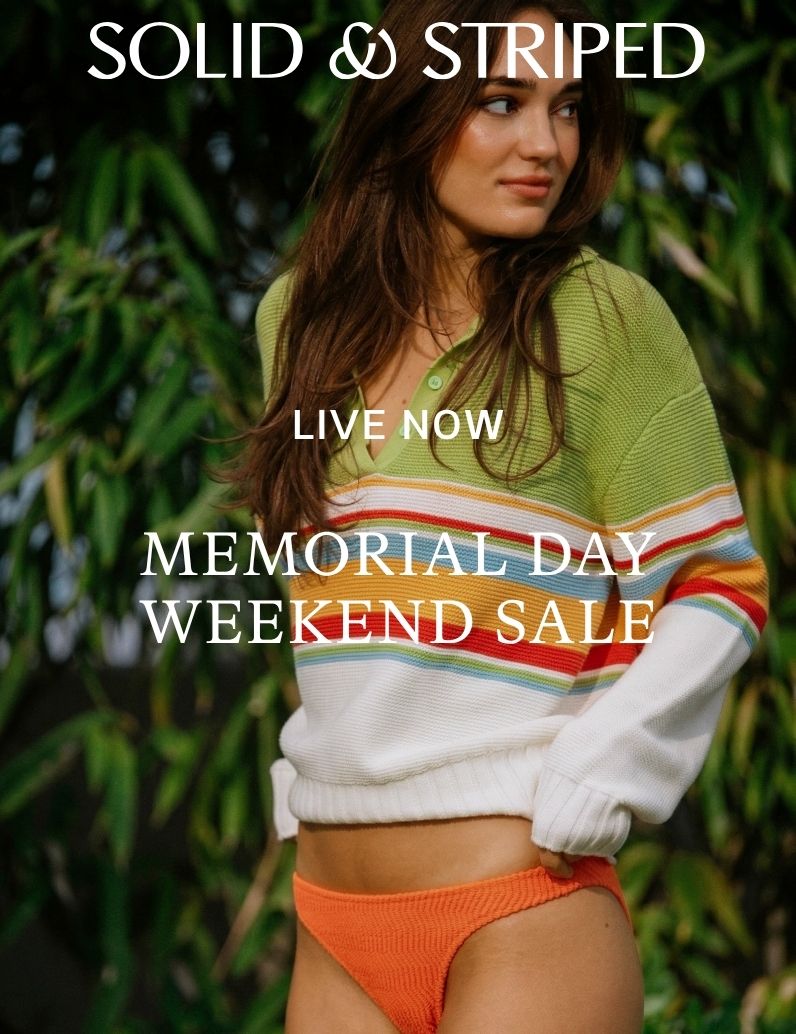 Texyt "Memorial Day Weekend Sale" Overlay. Woman wearing colorful sweater and orange bikini bottom