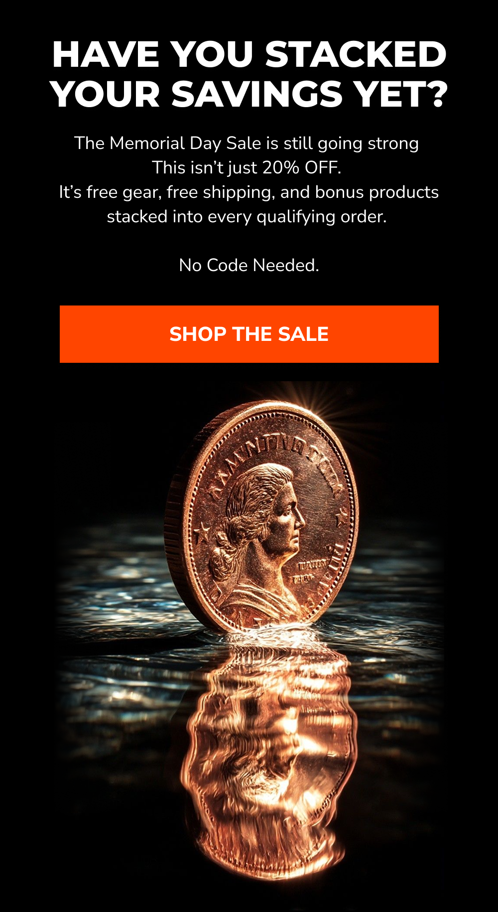 A penny reflecting in water with promotional text about a sale and free shipping.