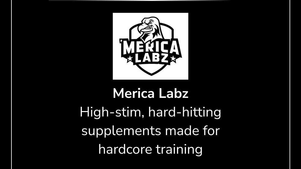 Merica Labz logo and tagline about high-stim supplements for hardcore training.
