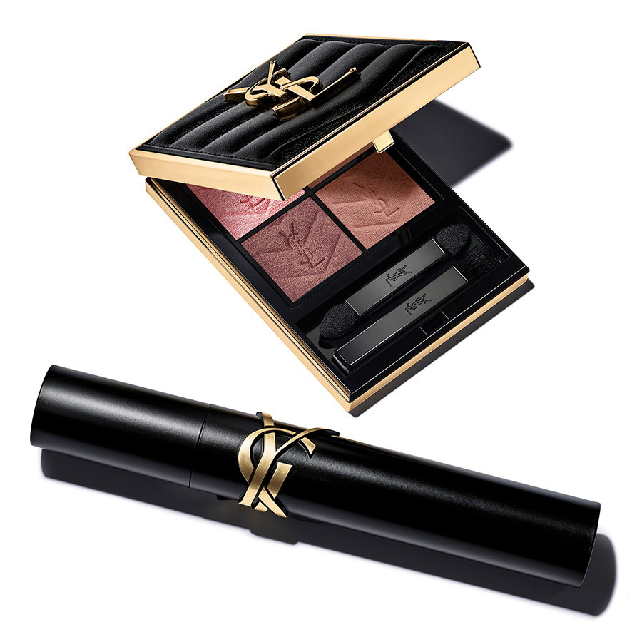 A sleek, studio-shot presentation of YSL BEAUTY icons: the COUTURE MINI CLUTCH eyeshadow palette and LASH CLASH mascara, highlighting the signature black and gold couture packaging.