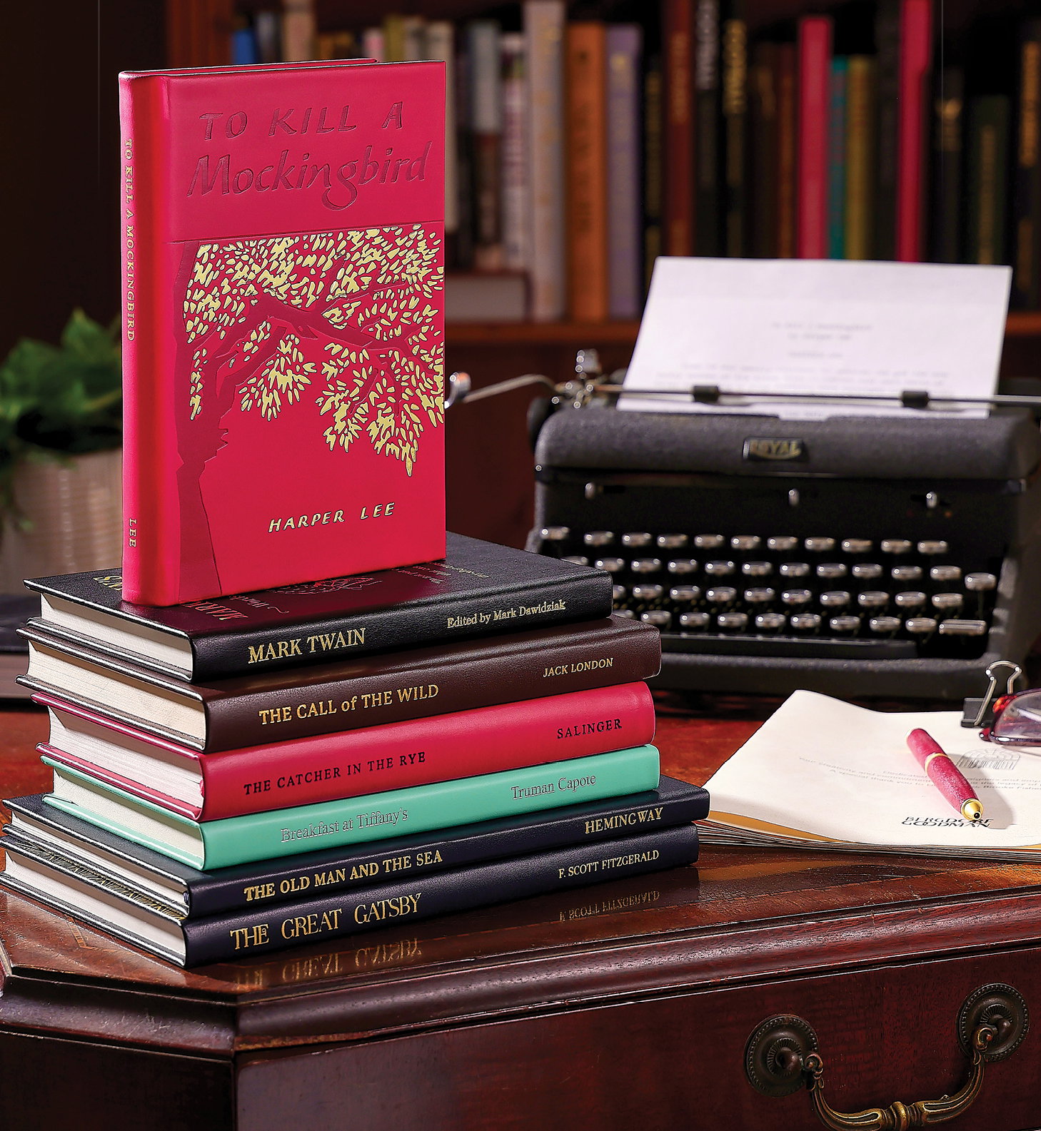 Leather-bound editions of literary classics such as To Kill A Mockingbird, The Catcher in the Rye, and The Great Gatsby.