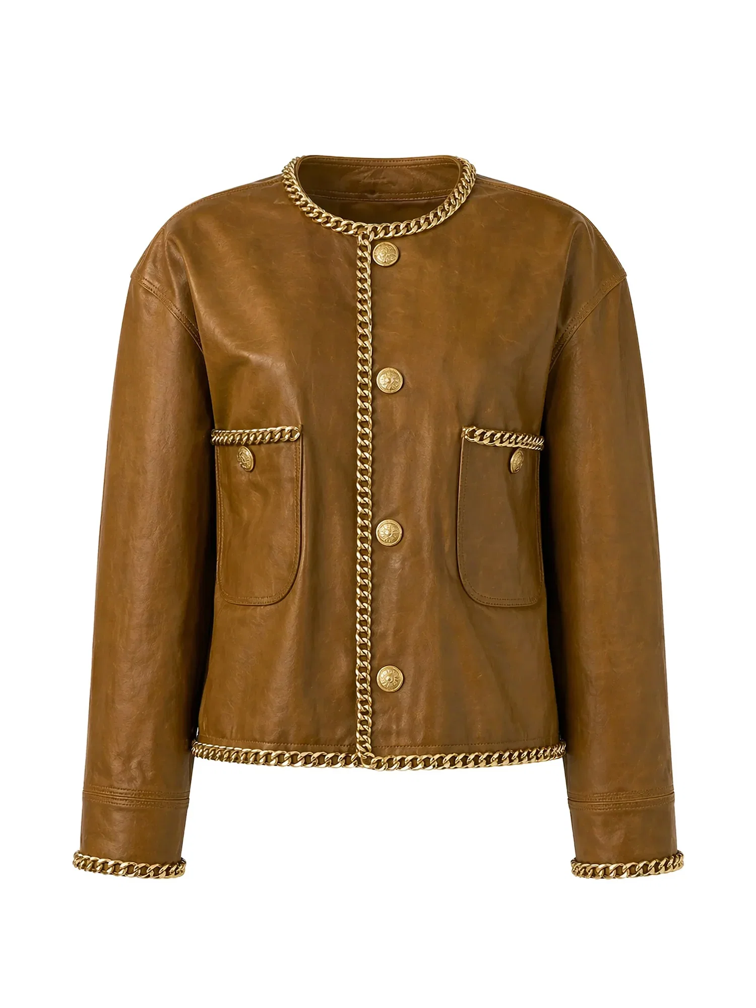 Image of Chain Embellished Cropped Leather Jacket
