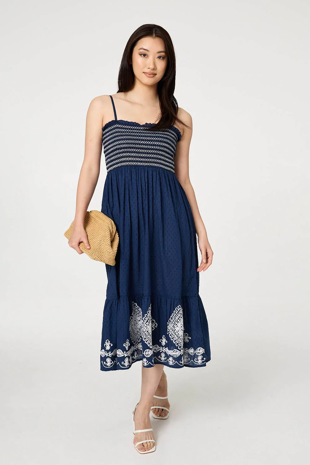 Embroidered Border Cami Strap Midi Dress
