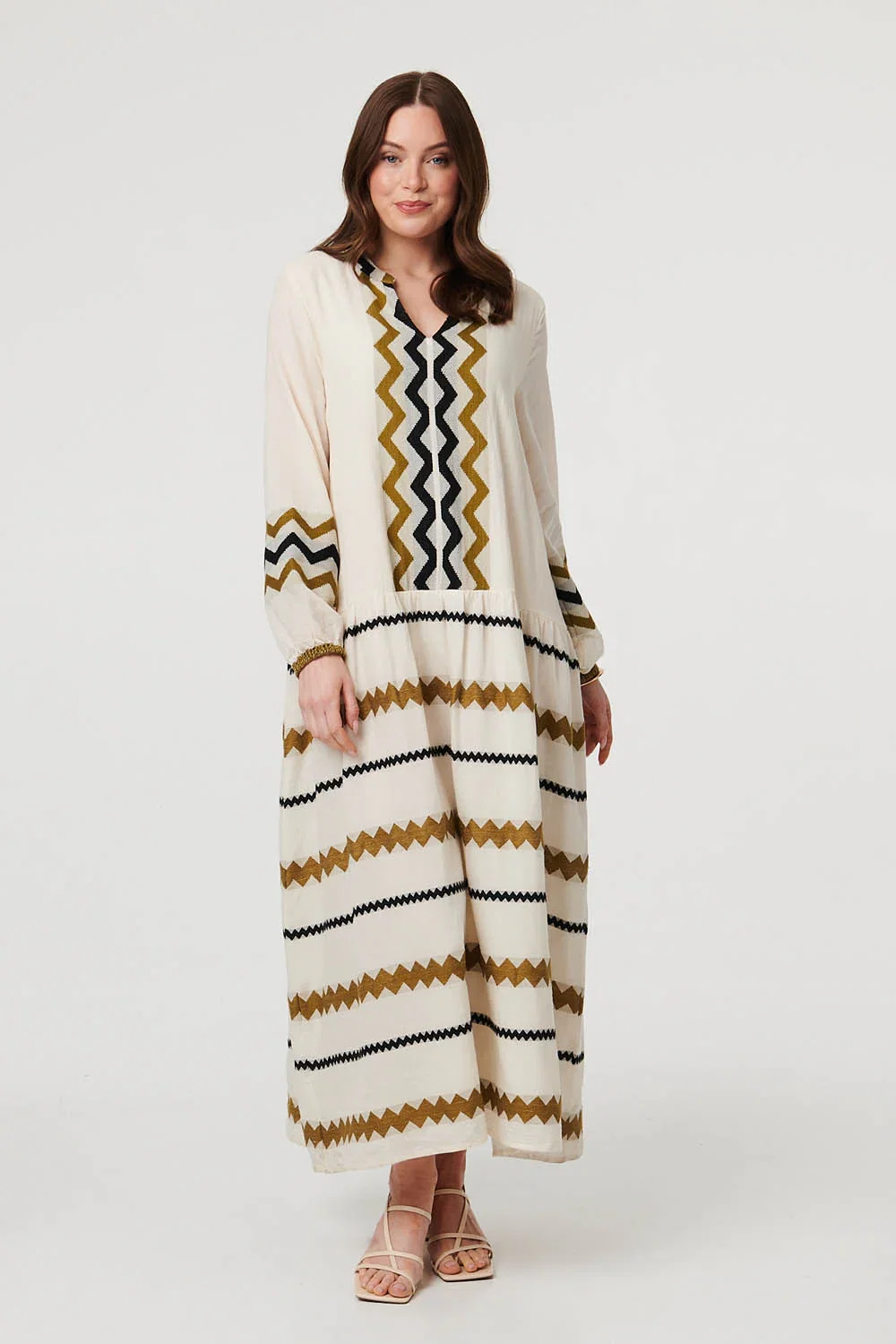 Zigzag Print Long Sleeve Maxi Dress