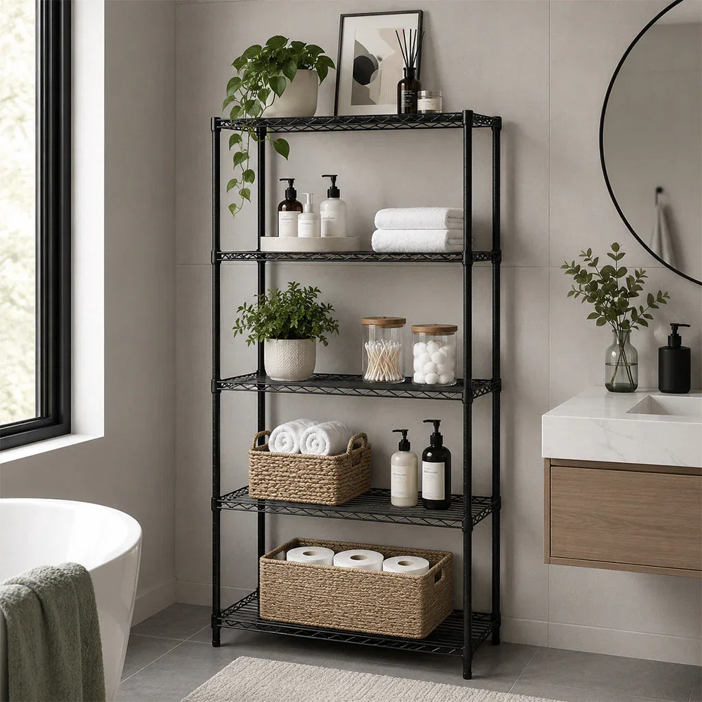 Modern black wire shelving unit in bathroom with plants, towels, toiletries, and woven baskets for storage organization.