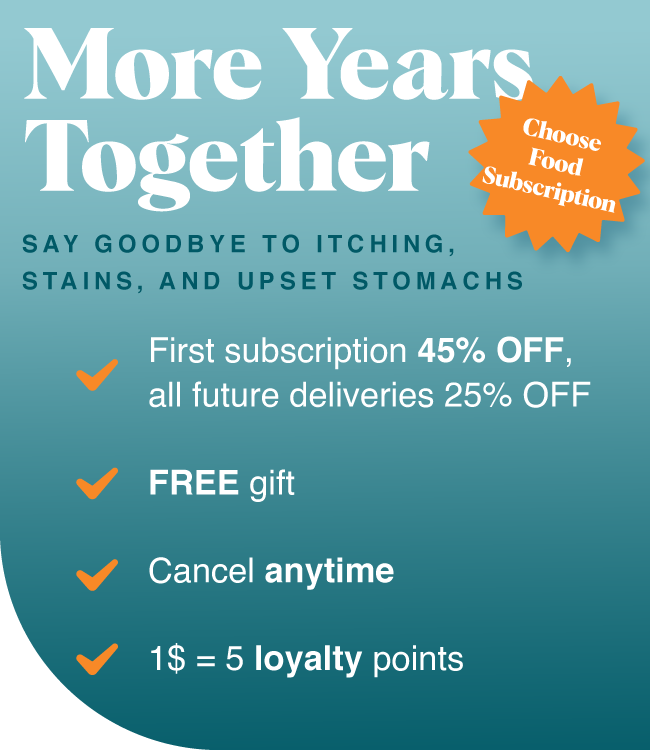 Pet food subscriptions with discounts, free gifts, loyalty rewards, and digestive and skin health benefits for pets