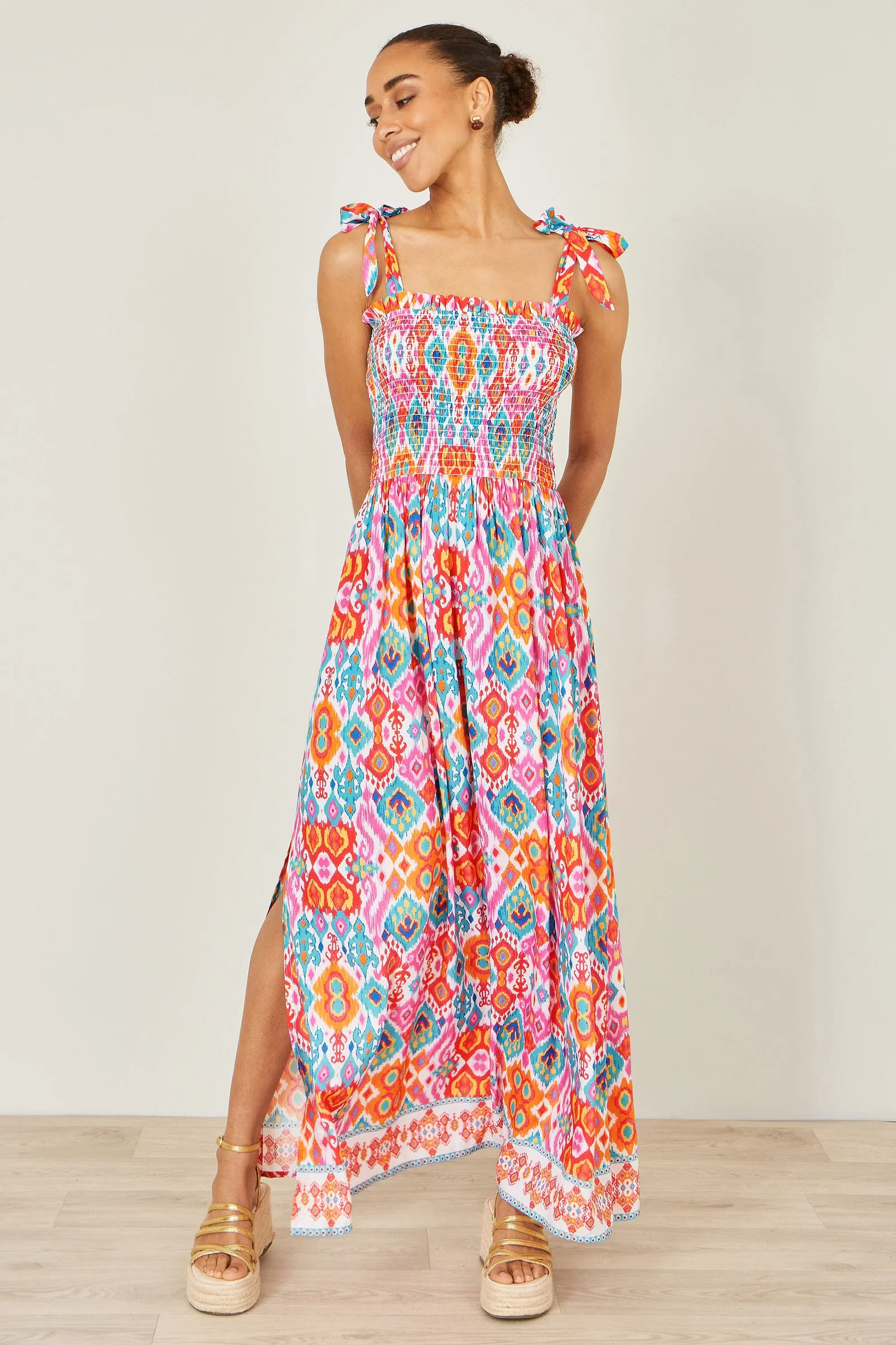 Yumi Multicolour Ikat Print Maxi Viscose Sun Dress
