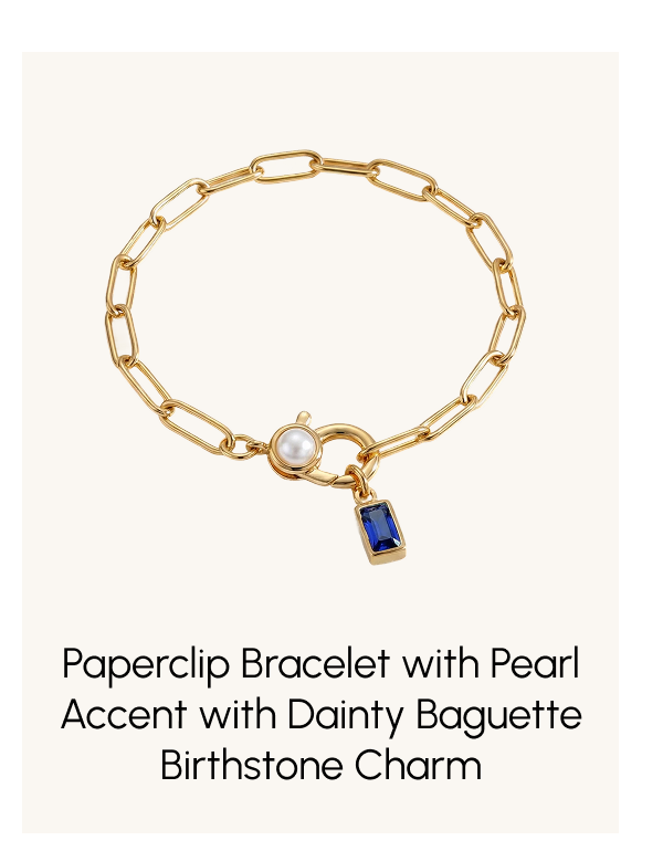 Paperclip Bracelet with Pearl Accent with Dainty Baguette Birthstone Charm