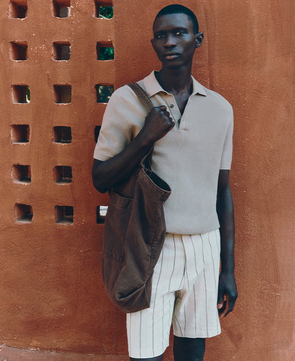 Man wearing Stone/Khaki Linen Blend Chino Shorts