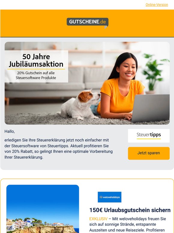 Steuererklärung 20% günstiger erledigen | 150€ Rabatt bei weloveholidays