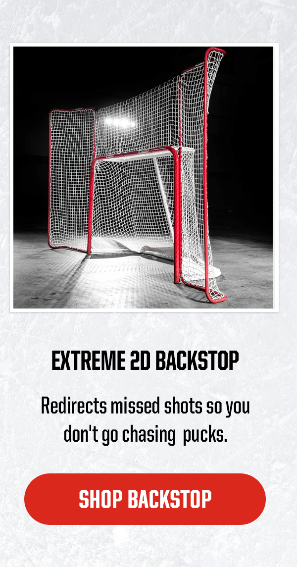 Product 2: Extreme 2D Backstop. Subheader: Redirects missed shots so you don't go chasing  pucks. CTA: SHOP BACKSTOP