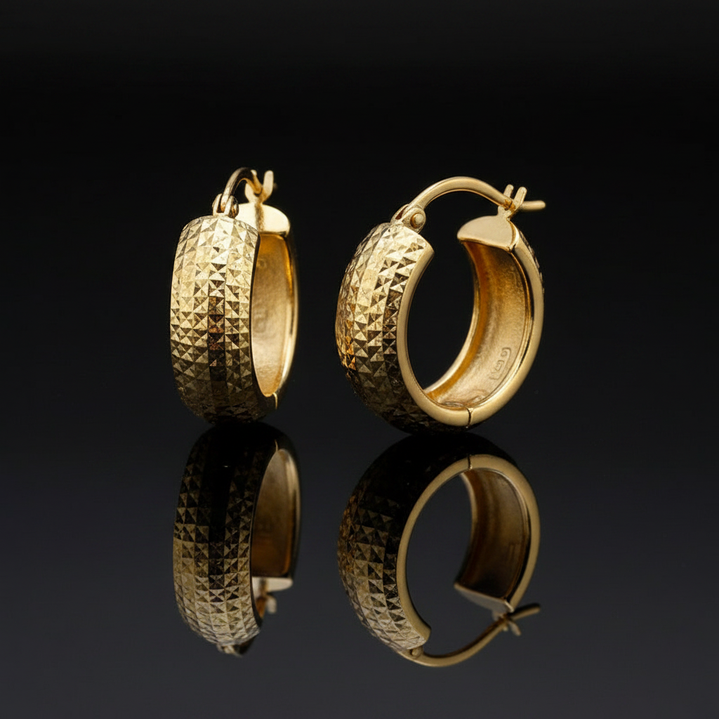 9K Yellow Gold 6.5MM X 21.5MM Half Diamond Cut Round Creole Hoop Earrings