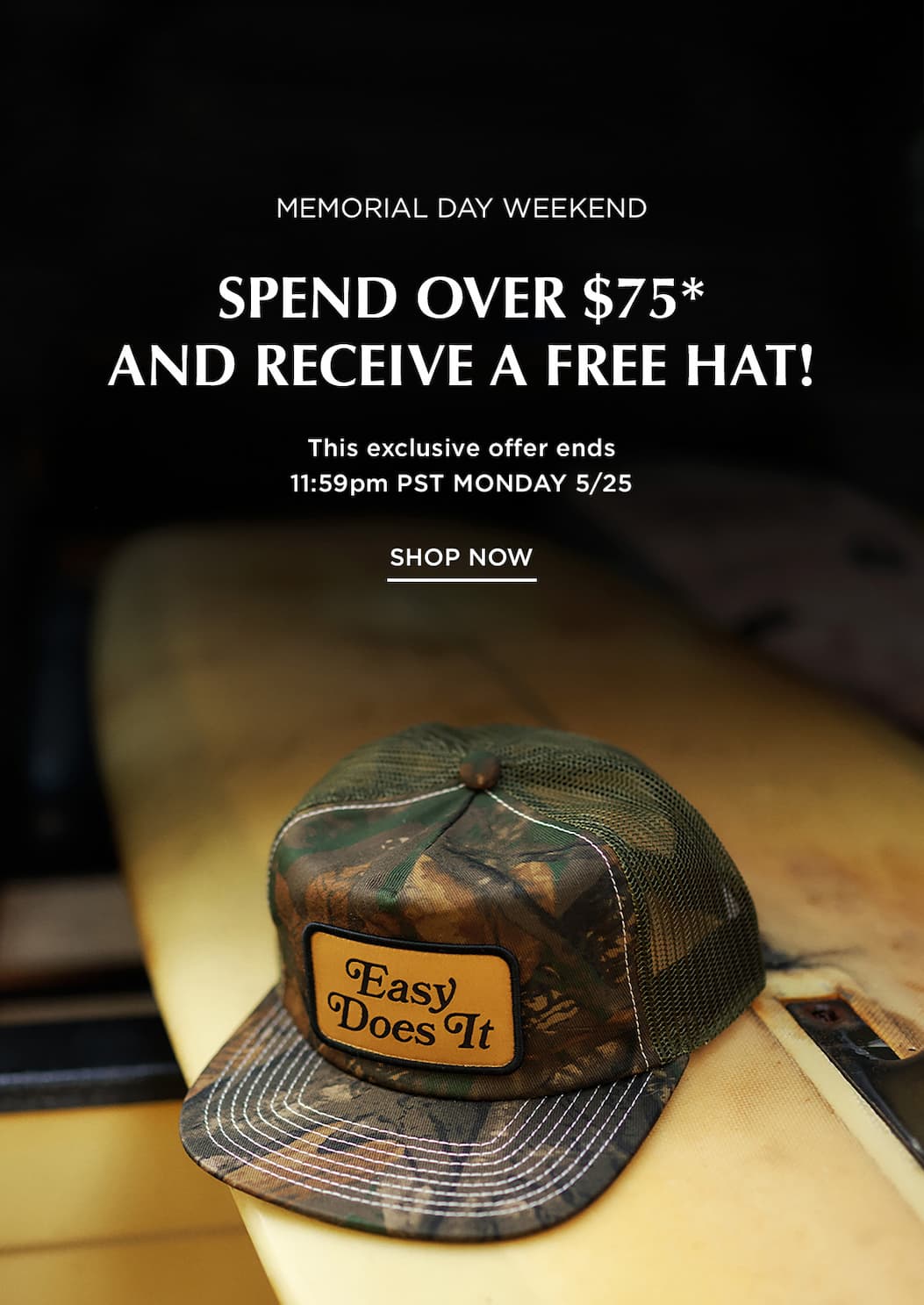 Camo Hat sitting on yellow surfboard
