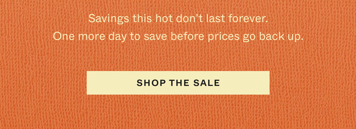 Savings this hot don't last forever. One more day to save before prices go back up. Shop the Sale →