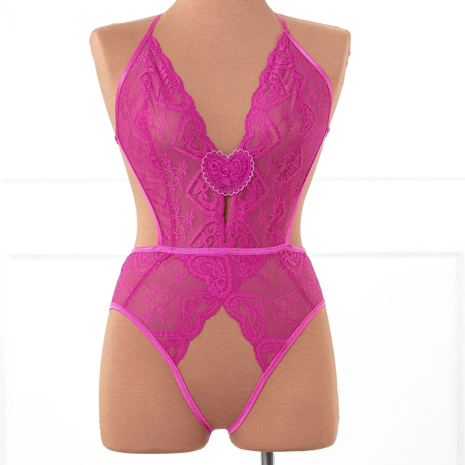 Image of Heart Lace & Mesh Crotchless Teddy - Fuchsia