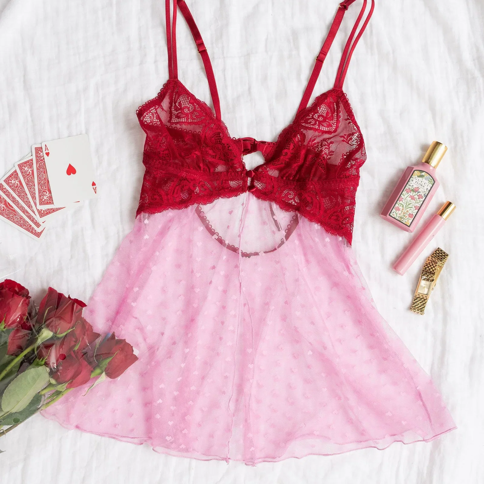 Image of Heart Lace & Mesh Button Babydoll - Red