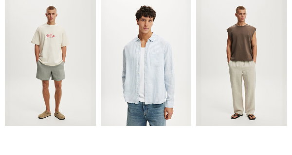 Three men modeling casual clothing in neutral tones