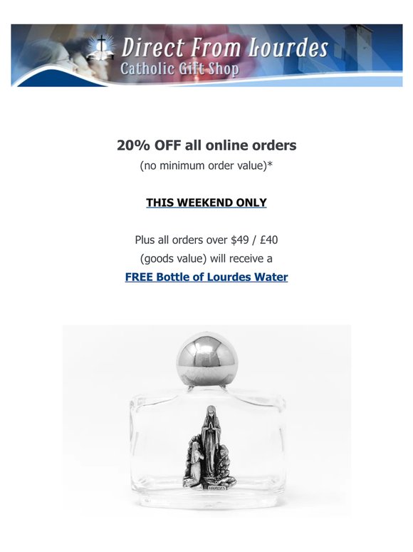 🎁 20% OFF + FREE Bottle of Lourdes Water