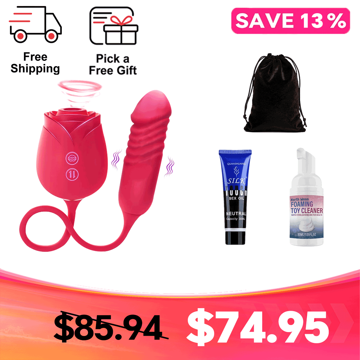 Rose Mary Dual Stimulation Massager – Suction & Internal Vibration - Red with Care Set