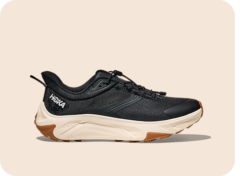 Block of four images showing the side view of the following shoes: Challenger 8 in black / outer orbit; Arahi 8 in birch / alabaster; Transport 2 in black / alabaster; Bondi 7 in black / rose cream