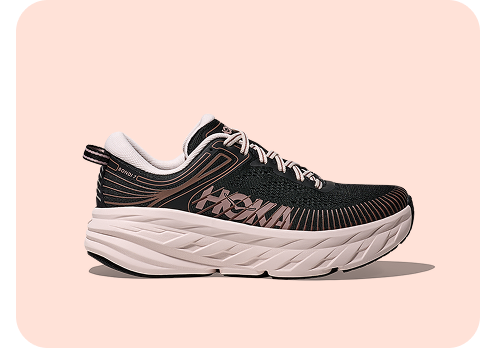 Block of four images showing the side view of the following shoes: Challenger 8 in black / outer orbit; Arahi 8 in birch / alabaster; Transport 2 in black / alabaster; Bondi 7 in black / rose cream