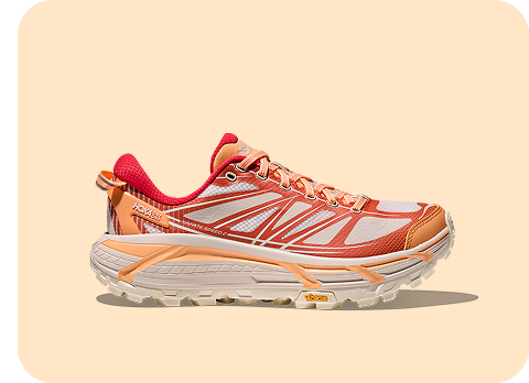 Block of four images showing the side view of the following shoes: Mafate x in berry jam / squid ink; Mach 7 in cobalt blue / neon green; Anacapa 2 Low GORE-TEX in rose latte / truffle salt;  Mafate Speed 2 in pale tangerine / ember
