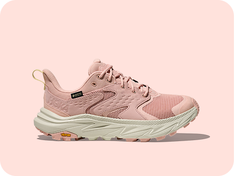 Block of four images showing the side view of the following shoes: Mafate x in berry jam / squid ink; Mach 7 in cobalt blue / neon green; Anacapa 2 Low GORE-TEX in rose latte / truffle salt;  Mafate Speed 2 in pale tangerine / ember