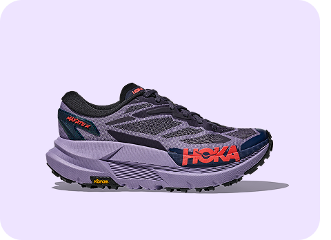 Block of four images showing the side view of the following shoes: Mafate x in berry jam / squid ink; Mach 7 in cobalt blue / neon green; Anacapa 2 Low GORE-TEX in rose latte / truffle salt;  Mafate Speed 2 in pale tangerine / ember