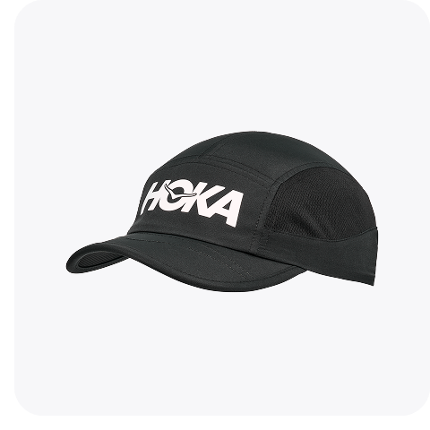 Block of three images showing: a man crouching on a street with a blue sky and buildings in the background; a 3/4 view of a black cap with the text “HOKA” on it; a waist-up image of a man wearing a black vest.