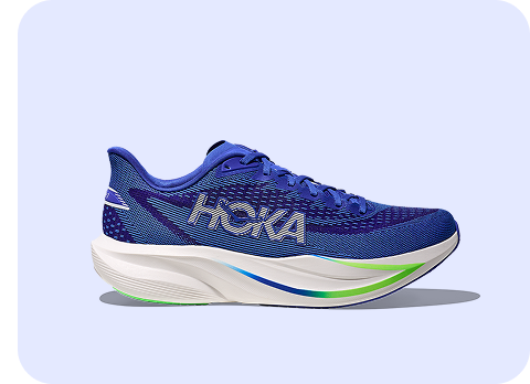 Block of four images showing the side view of the following shoes: Mafate x in berry jam / squid ink; Mach 7 in cobalt blue / neon green; Anacapa 2 Low GORE-TEX in rose latte / truffle salt;  Mafate Speed 2 in pale tangerine / ember