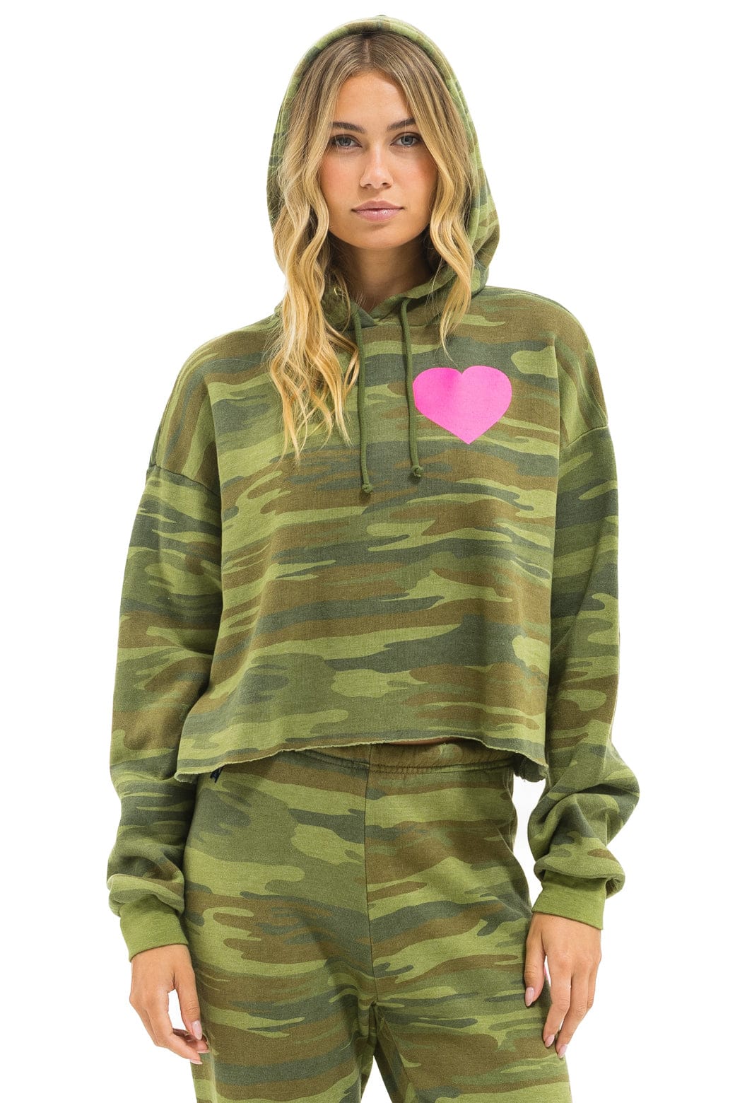 Image of HEART RELAXED CROPPED PULLOVER HOODIE - CAMO // NEON PINK