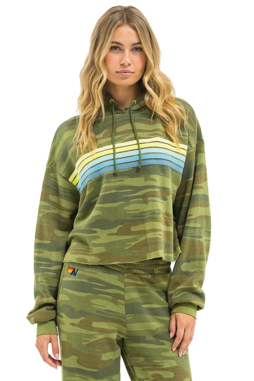 Image of 5 STRIPE RELAXED CROPPED PULLOVER HOODIE - CAMO // LIME // AQUA