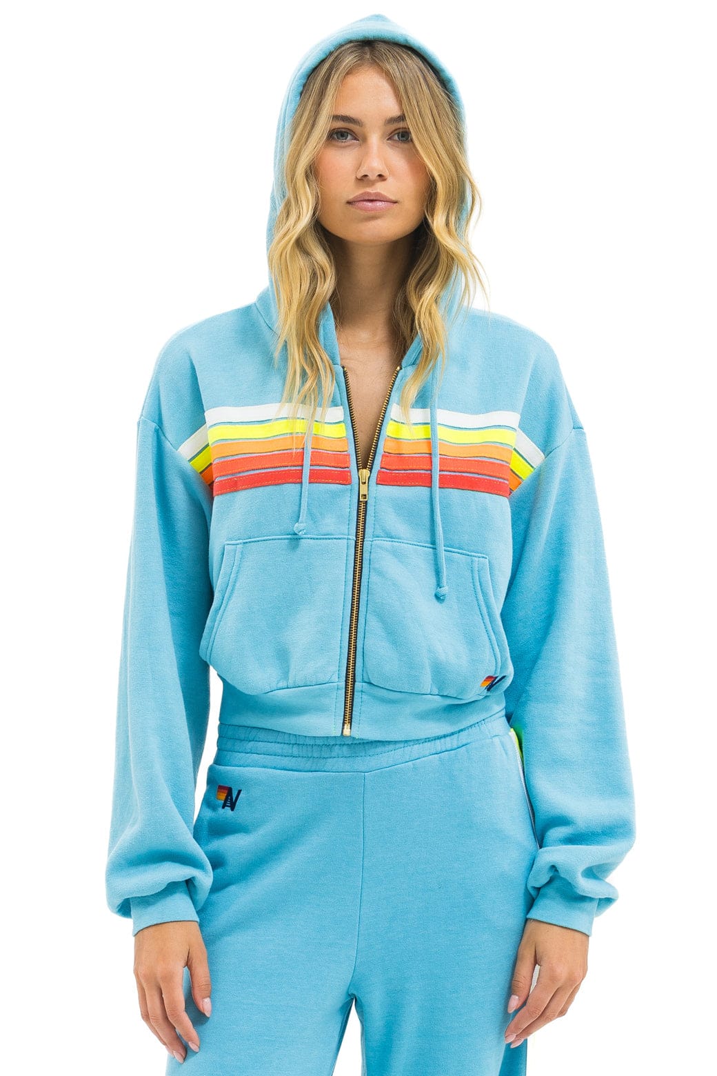 Image of 5 STRIPE CROPPED ZIP HOODIE RELAXED - AQUA // WHITE NEON