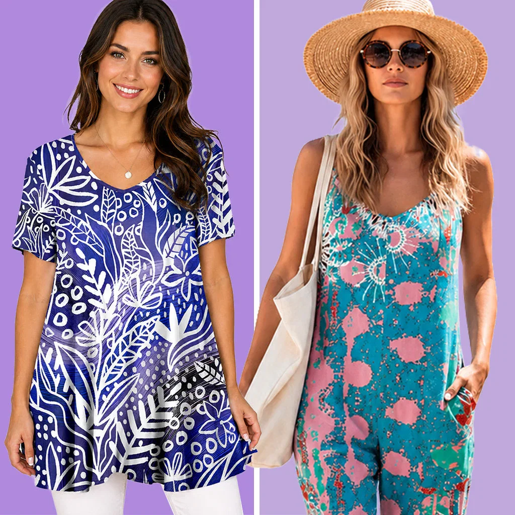 Two women modeling colorful patterned tops from Lily by Firmiana collection against purple background.