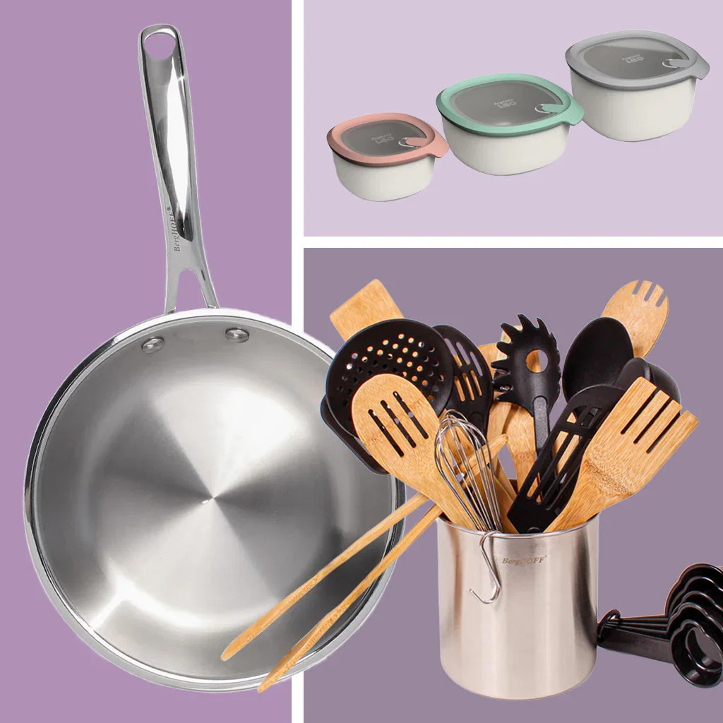 BergHOFF Newest collection: stainless steel cookware, storage containers, and wooden kitchen utensils on purple background.