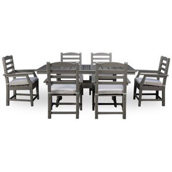 Visola 7 Piece Dining Set - Rectangular Slatted Table - Sturdy Trestle Base - Center Umbrella Hole - 6 Cushioned Arm Chairs - Durable High-Density Polyethylene