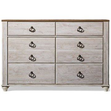Willowton 6 Drawer Dresser - Rustic Charm - Smooth-Gliding Drawers - Whitewash Finish - Antique Brass Hardware