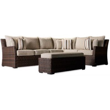 Brook Ranch Sofa Sectional & Bench - Woven Resin Wicker - Rust-Free Aluminum - High-Performance Nuvella Fabric - 6 Coordinating Toss Pillows