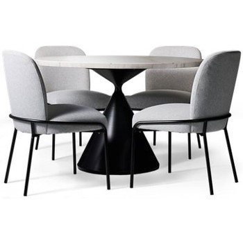 Conrad 5 Piece Dining Set - Imported Marble Table Top - Sculpted Hourglass Metal Base - Durable Wrought Iron Construction - 4 Upholstered Side Chairs