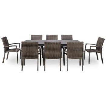 Chalfonte 9 Piece Dining Set - 83"" Rectangular Table - Durabond Table Top - Powder-Coated Aluminum - 8 Comfortable Chairs - Woven Mesh Grey Backs