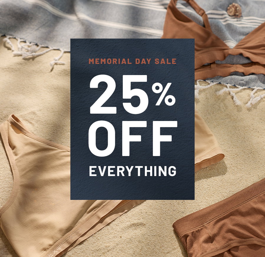 Memorial Day Sale 25 percent off everything, swimwear and towels on sand in background