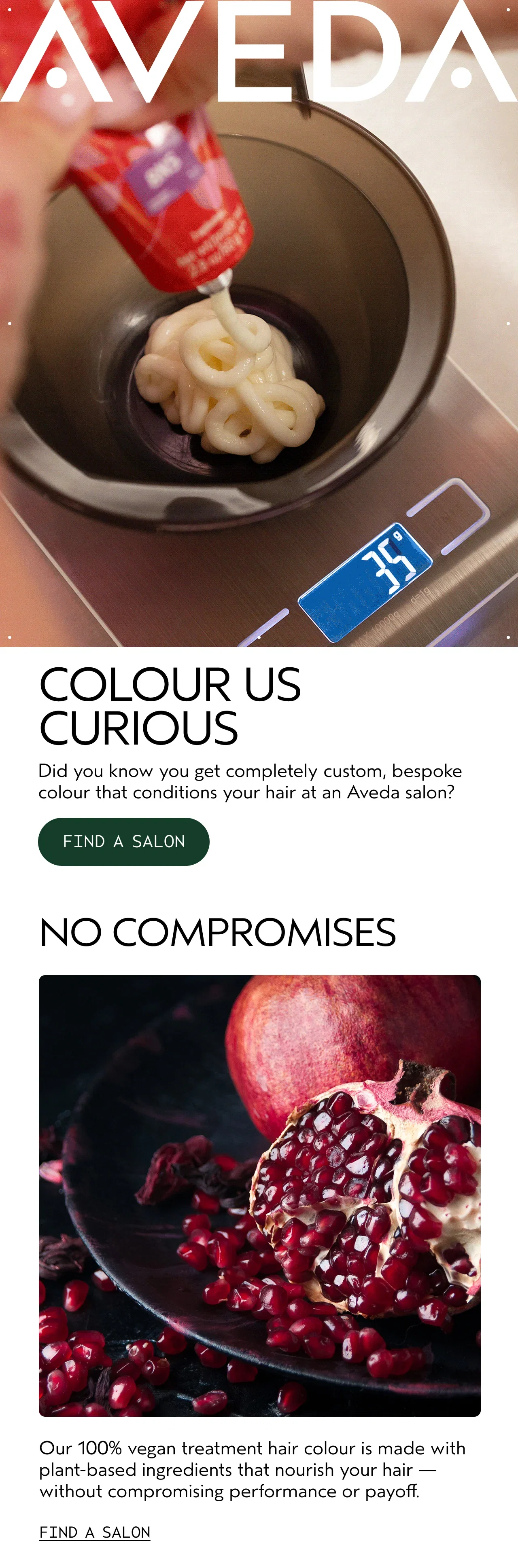 AVEDA | COLOUR US CURIOUS | Did you know you get completely custom, bespoke colour that conditions your hair at an Aveda salon? | FIND A SALON | NO COMPROMISES | Our 100% vegan treatment hair colour is made with plant-based ingredients that nourish your hair — without compromising performance or payoff | FIND A SALON