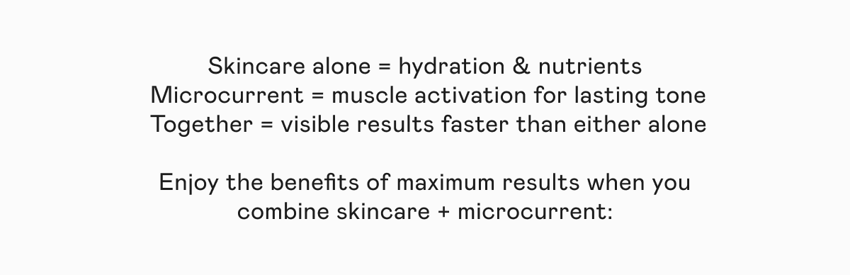 Skincare alone = hydration & nutrients. Microcurrent = muscle activation for lasting tone. Together = visible results faster than either alone. Enjoy the benefits of maximum results when you combine skincare + microcurrent: