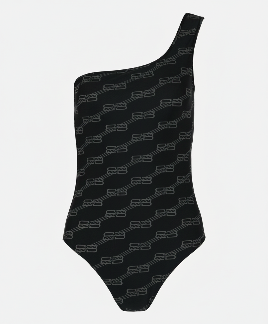 Black one-shoulder swimsuit with a repeating grey logo pattern.