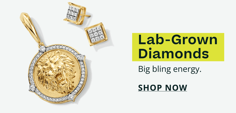 Circular gold medallion with lion surrounded stones & pair of square studs pavé set. Lab-grown diamonds. Big bling energy. Click here to shop now