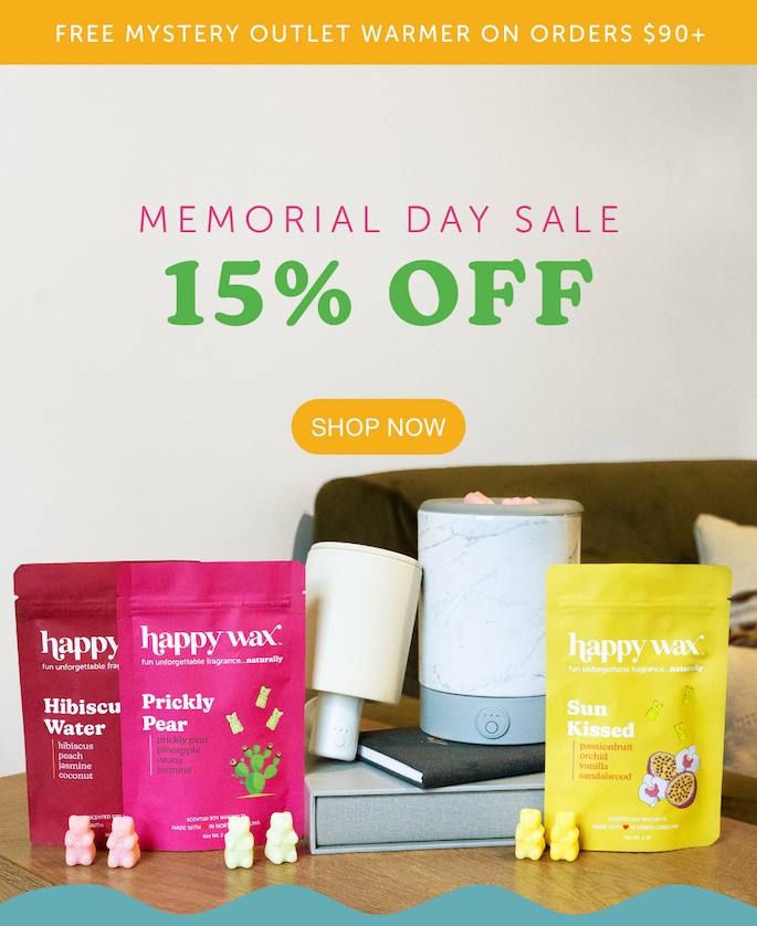 memorial day sale. 15% off. free mystery outlet warmer on orders $90+.
