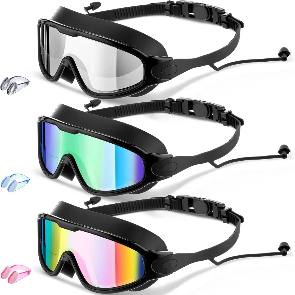 3 Pack Adult Swim Goggles - Anti Fog UV Protection Pool Goggles with Ear Plugs
