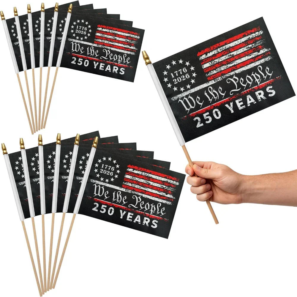 12-Pack USA 250th Anniversary Handheld American Flags - Patriotic Stick Flags