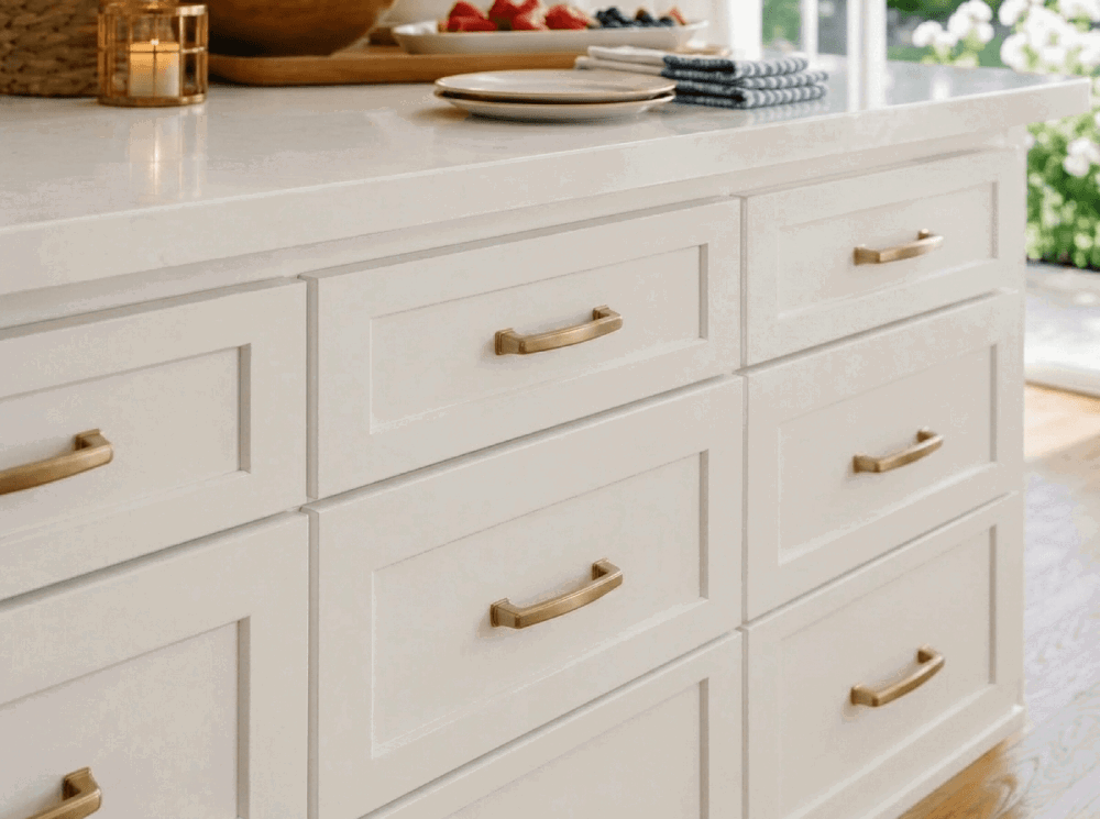 White kitchen drawers with gold handles