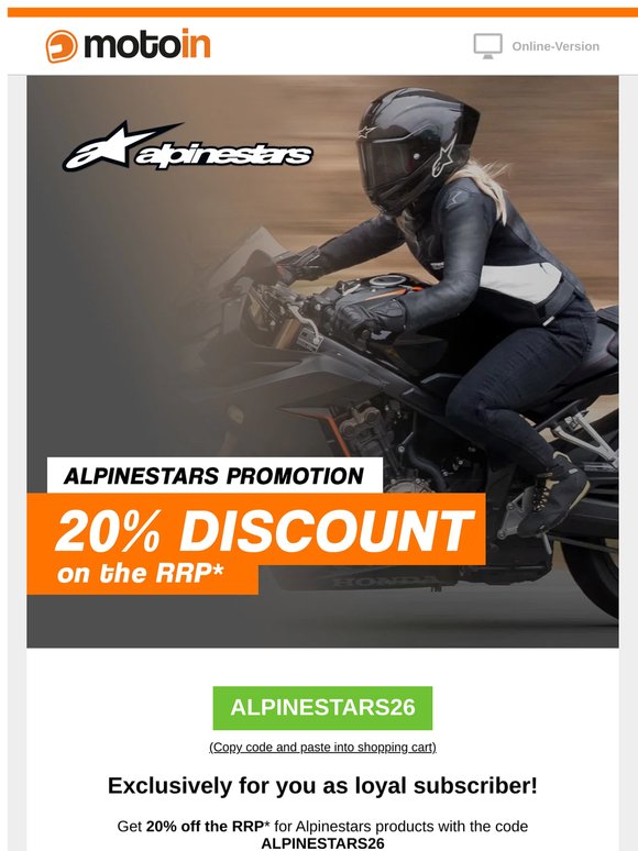 🏍️ 20% discount on Alpinestars!